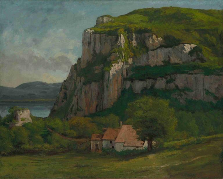 The Rock of Hautepierre,奥特皮埃尔岩石,Gustave Courbet,古斯塔夫-库尔贝,油画,油画, 没有人类, 风景, 户外, 天空, 云, 山, 水, 树, 景观, 草, 天, 传统媒体