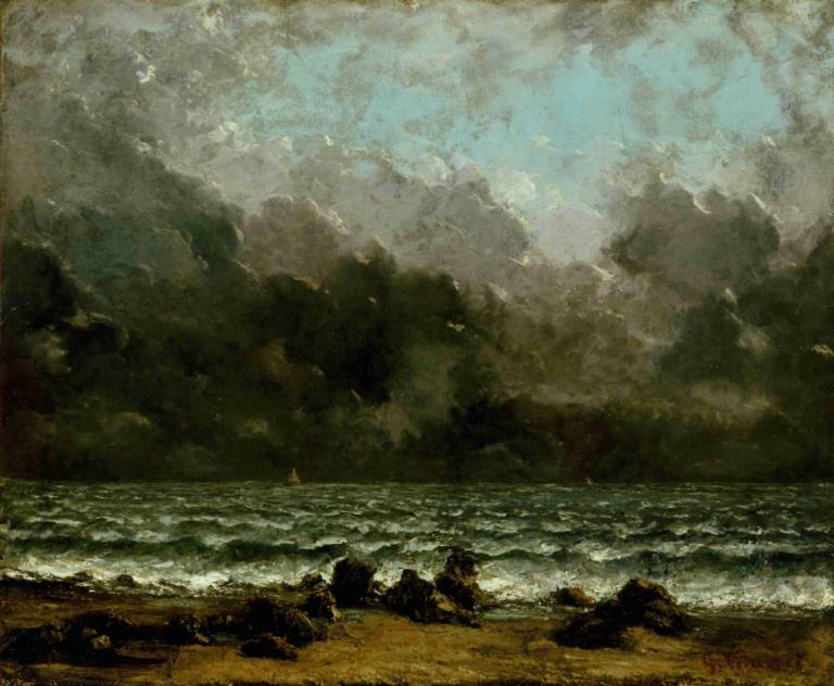 The Sea,大海,Gustave Courbet,古斯塔夫-库尔贝,油画,油画, 没有人类, 风景, 户外, 云, 海滩, 海洋, 传统媒体, 天空, 岩石, 波浪, 沙, 多云的天空, 水, 支撑, 绘画（中）