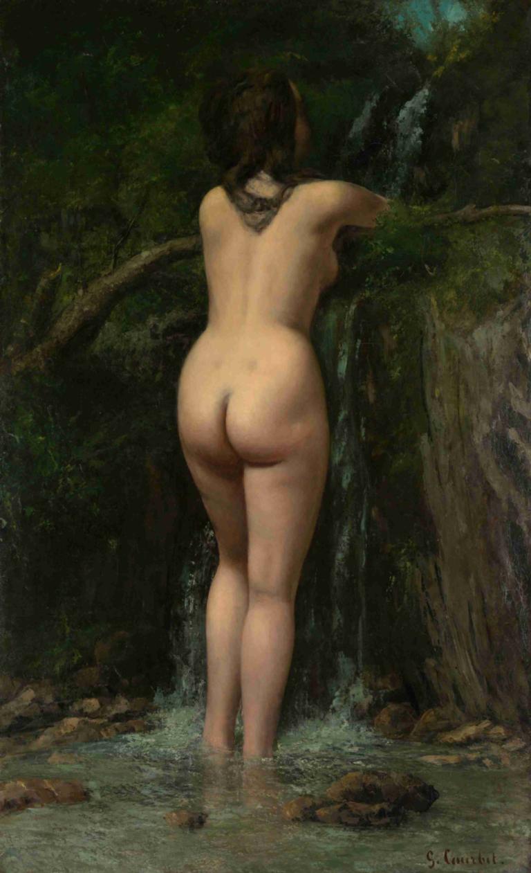 The Source,来源,Gustave Courbet,古斯塔夫-库尔贝,油画,油画, 1个女孩, 屁股, 独奏, 裸体, 水, 棕色的头发, 乳房, 从后面, 自然, 瀑布, 长发, 户外, 中等乳房, 后退