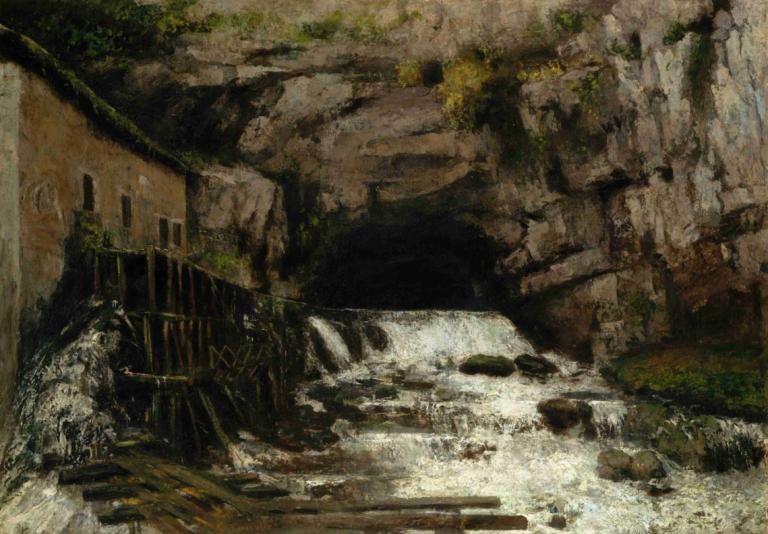 The Source of the Loue,卢埃之源,Gustave Courbet,古斯塔夫-库尔贝,油画,油画, 风景, 没有人类, 水, 户外, 桥, 传统媒体