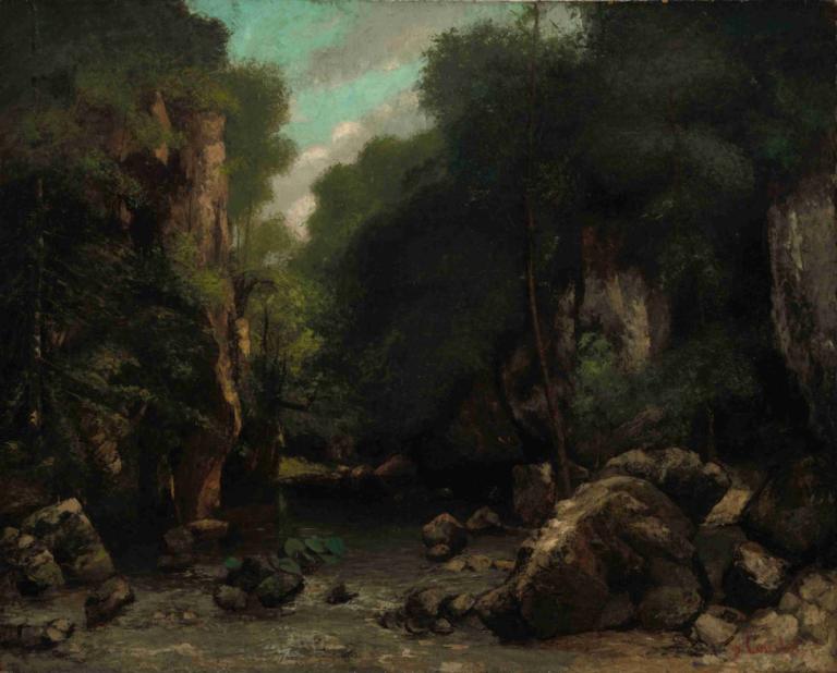 The Valley of Les Puits-Noir,黑山谷,Gustave Courbet,古斯塔夫-库尔贝,油画,油画, 没有人类, 风景, 户外, 自然, 树, 岩石, 天空, 森林, 天, 云