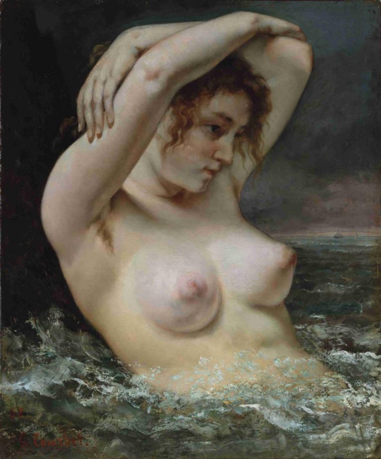 The Woman in the Waves,浪花中的女人,Gustave Courbet,古斯塔夫-库尔贝,油画,油画, 1个女孩, 乳头, 独奏, 乳房, 美术模仿, 裸体, 腋窝, 实际的, 波浪, 水