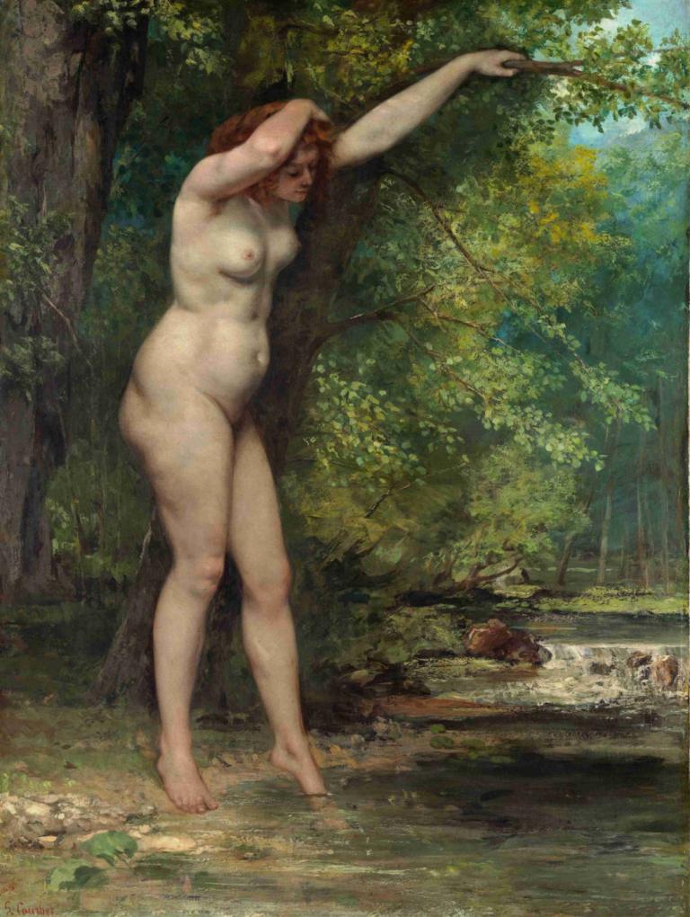 The Young Bather,年轻的沐浴者,Gustave Courbet,古斯塔夫-库尔贝,油画,油画, 1个女孩, 美术模仿, 乳房, 裸体, 乳头, 独奏, 树, 自然, 户外, 脐, 棕色的头发, 赤脚