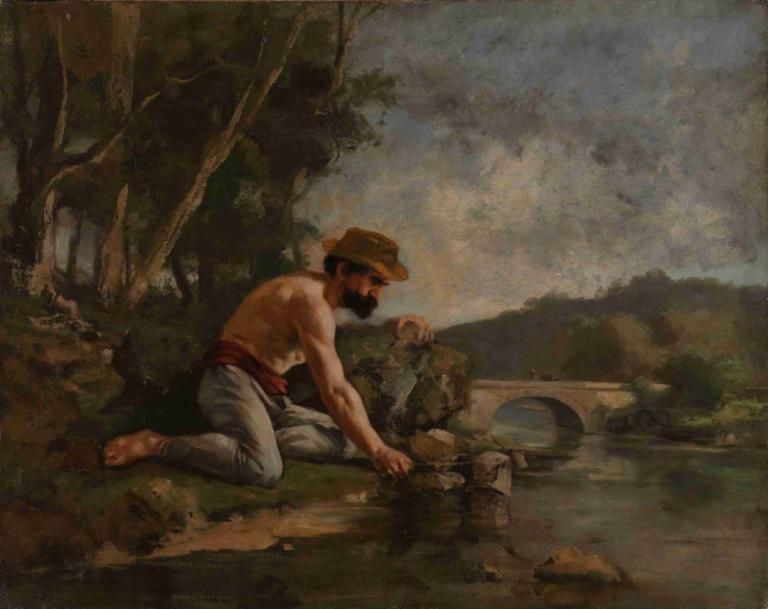 The fisherman,渔夫,Gustave Courbet,古斯塔夫-库尔贝,油画,油画, 男性焦点, 美术模仿, 帽子, 胡子, 树, 户外, 胡须, 假传统媒体, 赤脚, 多个男孩, 1男孩, 赤裸上身的男性