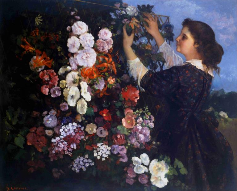 Trellis,花架,Gustave Courbet,古斯塔夫-库尔贝,油画,油画, 1个女孩, 花, 独奏, 裙子, 棕色的头发, 长袖, 红花, 户外, 白色的花, 发髻, 轮廓, 黑裙子, 传统媒体, 绘画（中）