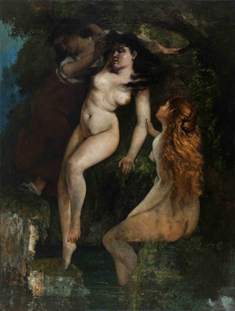 Trois baigneuses,三个浴缸,Gustave Courbet,古斯塔夫-库尔贝,油画,油画, 美术模仿, 裸体, 多个女孩, 乳房, 屁股, 乳头, 长发, 赤脚, 水, 脐, 中等乳房, 3个女孩