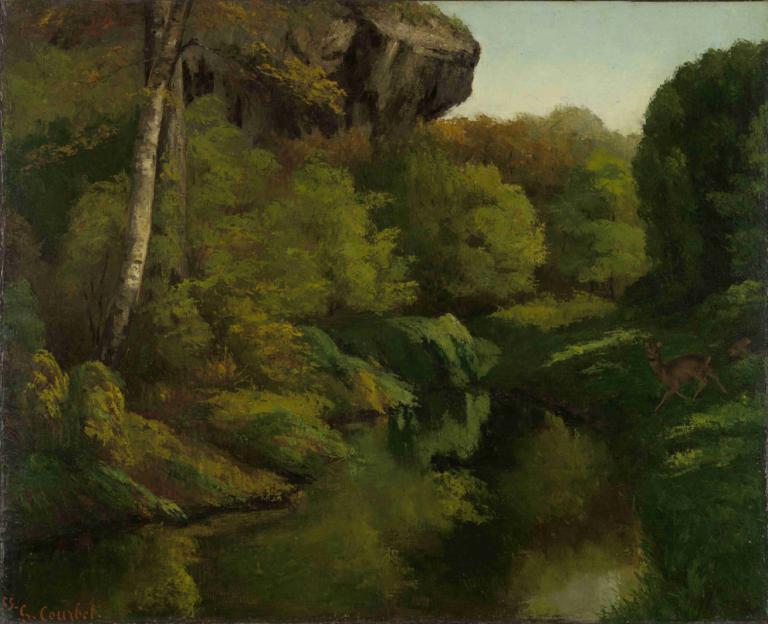 View in the Forest of Fontainebleau,枫丹白露森林美景,Gustave Courbet,古斯塔夫-库尔贝,油画,油画, 风景, 户外, 自然, 没有人类, 树, 森林, 天, 苔藓