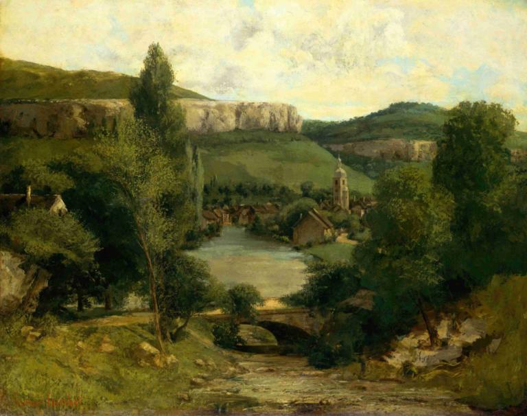 View of Ornans,奥尔南斯景观,Gustave Courbet,古斯塔夫-库尔贝,油画,油画, 没有人类, 风景, 户外, 树, 河, 自然, 天空, 草, 传统媒体, 云, 景观, 水, 天, 桥, 建筑