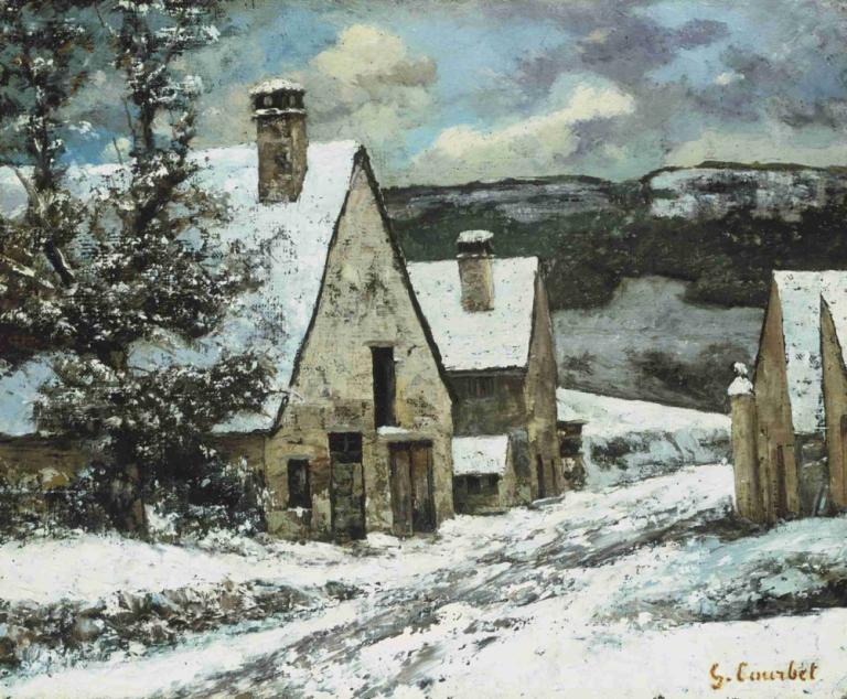 Village Edge in Winter,冬季的村庄边缘,Gustave Courbet,古斯塔夫-库尔贝,油画,油画, 没有人类, 风景, 户外, 树, 雪, 传统媒体, 云, 天空, 绘画（中）, 天, 房子