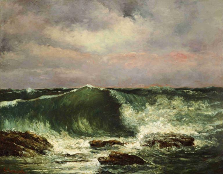 Waves,波浪,Gustave Courbet,古斯塔夫-库尔贝,油画,油画, 没有人类, 风景, 云, 户外, 波浪, 海洋, 传统媒体, 水, 天空, 多云的天空, 绘画（中）, 岩石