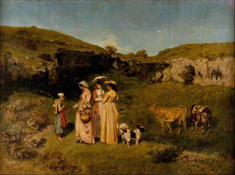 Young Ladies of the Village,Unga damer i byn,Gustave Courbet,Oljemålning,Oljemålning, utomhus, hatt