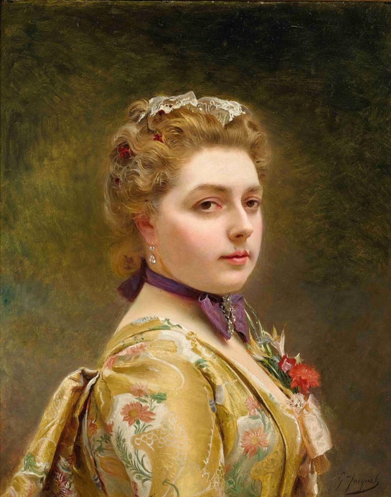 A Lady In A Golden Gown,Gustave Jean Jacquet,Oil Painting,Oil Painting, 1girl, solo, jewelry, earrings