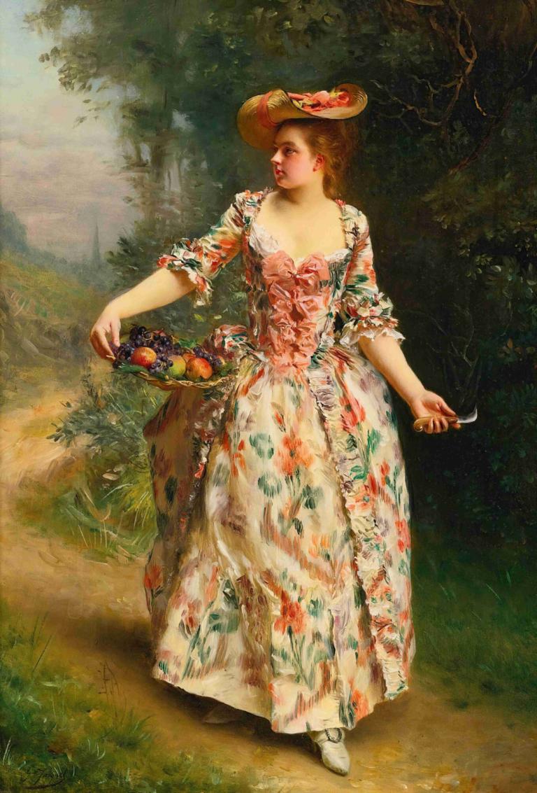 A Walk In The Park,Sprehod v parku,Gustave Jean Jacquet,Oljna slika,Oljna slika, 1 dekle, solo, klobuk, hrano