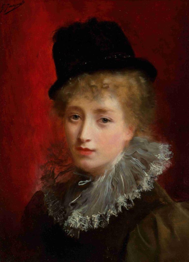 A fashionable beauty,Gustave Jean Jacquet,Oil Painting,Oil Painting, solo, blonde hair, hat, red background