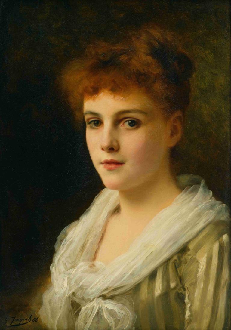 An auburn haired beauty,Gustave Jean Jacquet,Oil Painting,Oil Painting, solo, 1girl, realistic, brown hair