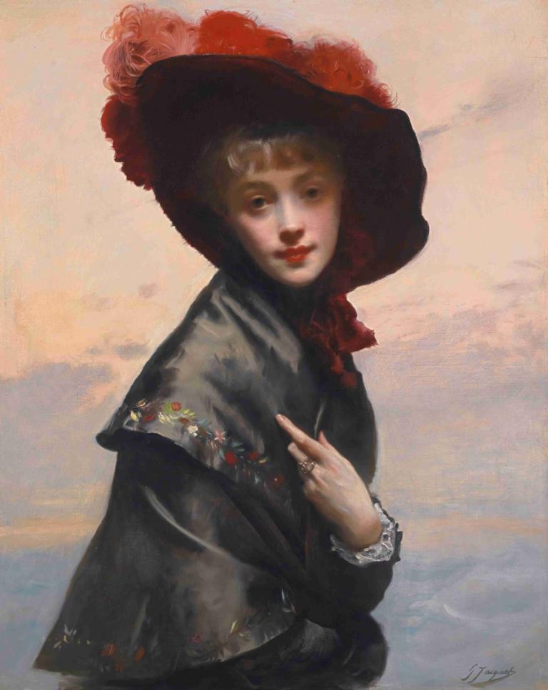 Dame au chapeau,Wanita dengan topi,Gustave Jean Jacquet,Lukisan cat minyak,Lukisan cat minyak, solo, 1 gadis