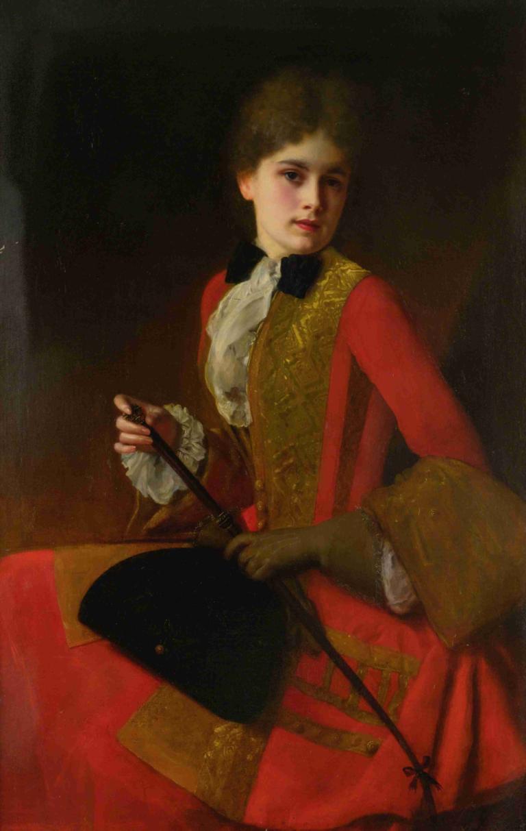 Girl In A Riding Habit,Gustave Jean Jacquet,Oil Painting,Oil Painting, solo, 1girl, fine art parody, dress