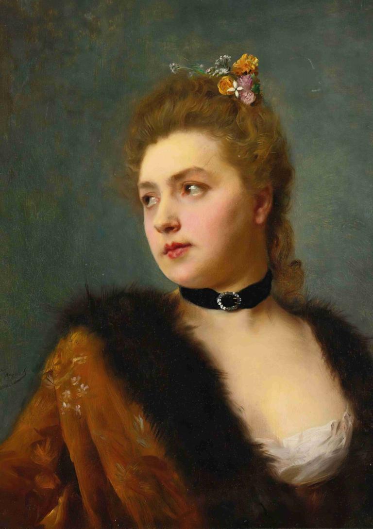 Parisienne,Gustave Jean Jacquet,구스타브 장 자케,오일 페인팅,오일 페인팅, 여자 1명, 독주, 높은 칼라, 현실적인, 머리 장식, 꽃, 블론드 헤어, 상체, 입술