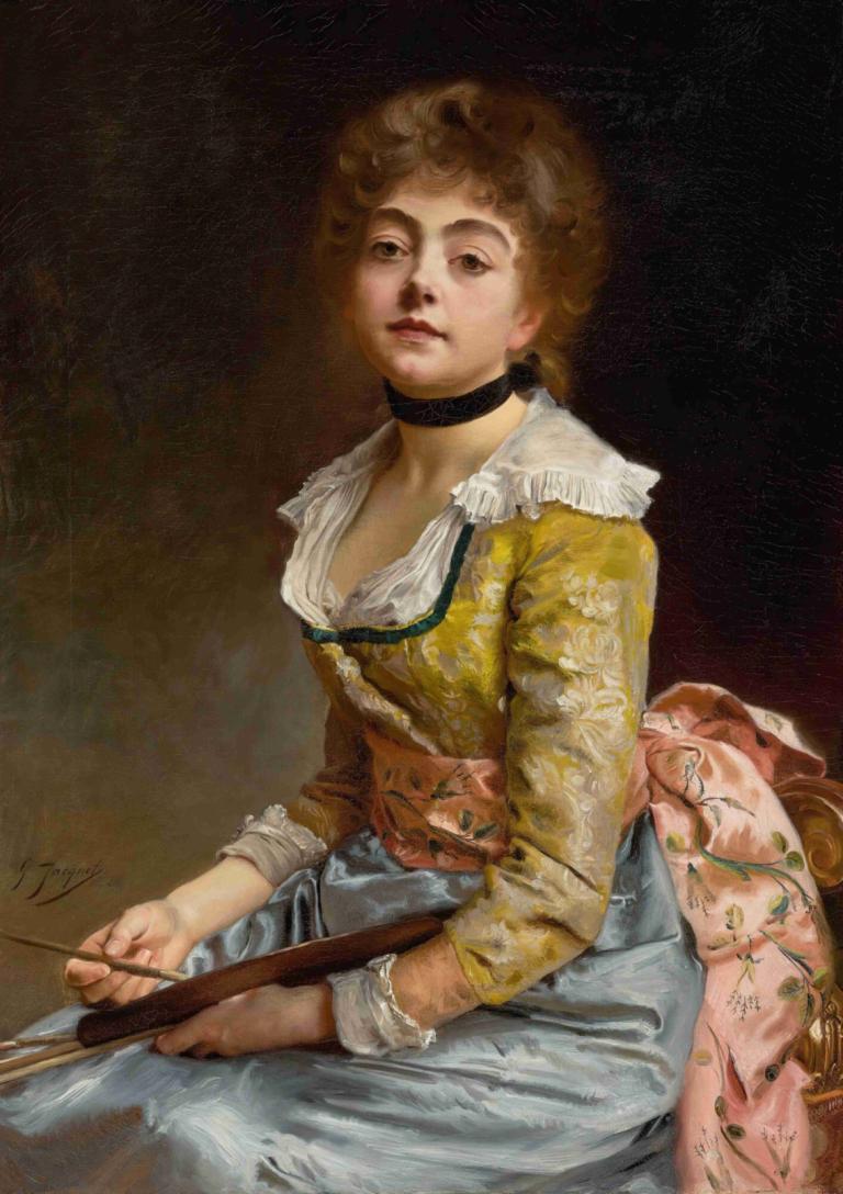 Portrait Of An Artist,예술가의 초상,Gustave Jean Jacquet,구스타브 장 자케,오일 페인팅,오일 페인팅, 여자 1명, 독주, 미술 패러디, 높은 칼라, 블론드 헤어