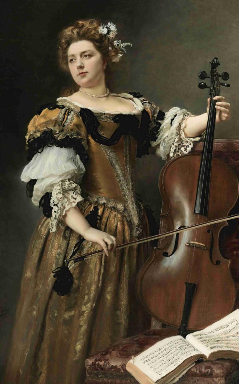 The Cello Player,Gustave Jean Jacquet,Oil Painting,Oil Painting, 1girl, instrument, solo, fine art parody