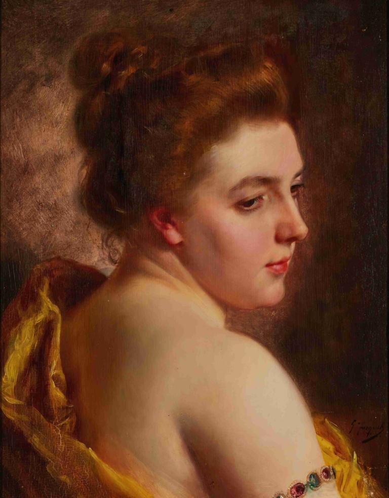 White Shoulders,Gustave Jean Jacquet,Oil Painting,Oil Painting, 1girl, solo, brown hair, bare shoulders