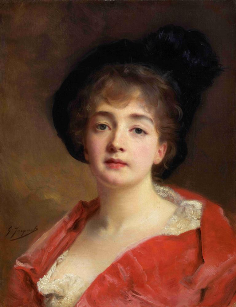 Woman In Red,Gustave Jean Jacquet,Oil Painting,Oil Painting, 1girl, solo, realistic, blonde hair, brown hair