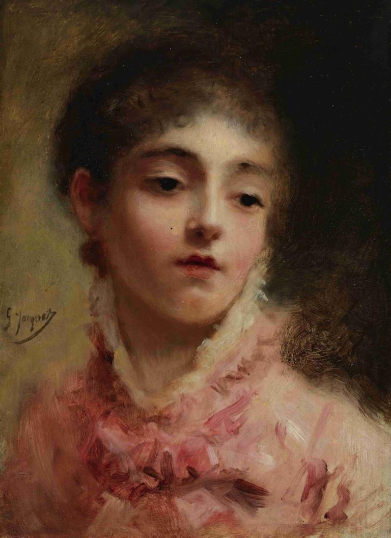 Young Woman In A Pink Dress,Ung kvinne i en rosa kjole,Gustave Jean Jacquet,Oljemaleri,Oljemaleri, solo