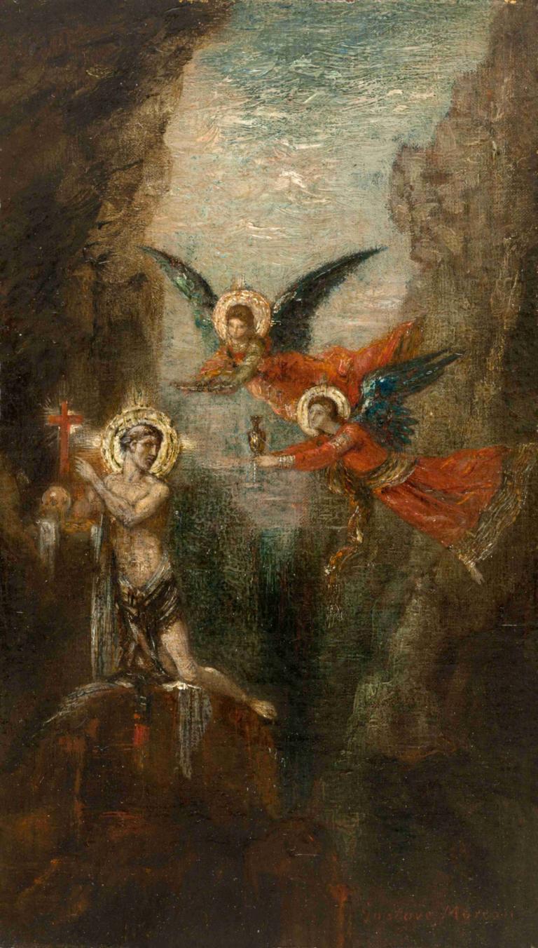 A Saint In The Desert,Gustave Moreau,Oil Painting,Oil Painting, fine art parody, wings, multiple boys, 1girl