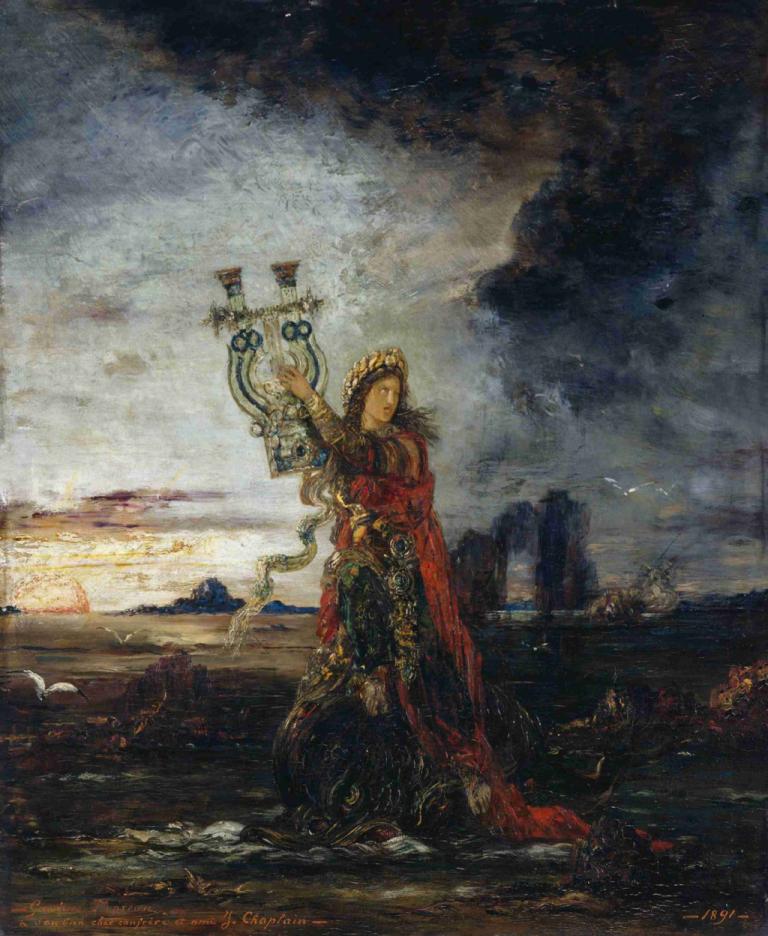 Arion,Gustave Moreau,Oil Painting,Oil Painting, 1girl, solo, sky, cloud, outdoors, traditional media