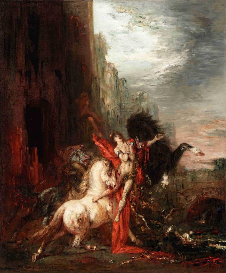 Diomedes Devoured by His Horses,Gustave Moreau,Oil Painting,Oil Painting, 1girl, cloud, blood, black hair