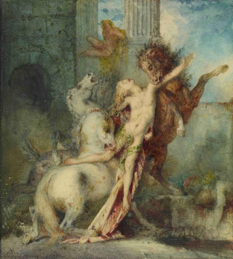 Diomedes Devoured by Horses,Gustave Moreau,Oil Painting,Oil Painting, fine art parody, guro, blood, 1girl