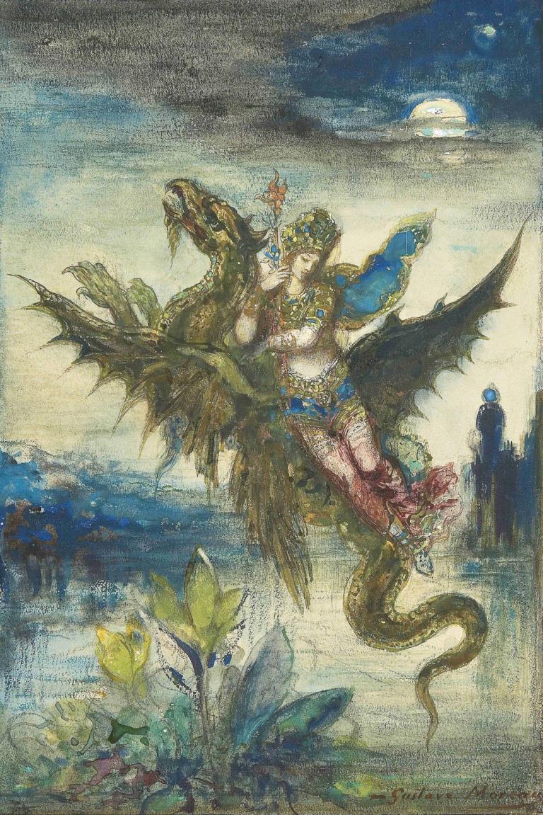 Dream Of The Orient,Gustave Moreau,Oil Painting,Oil Painting, 1girl, moon, traditional media