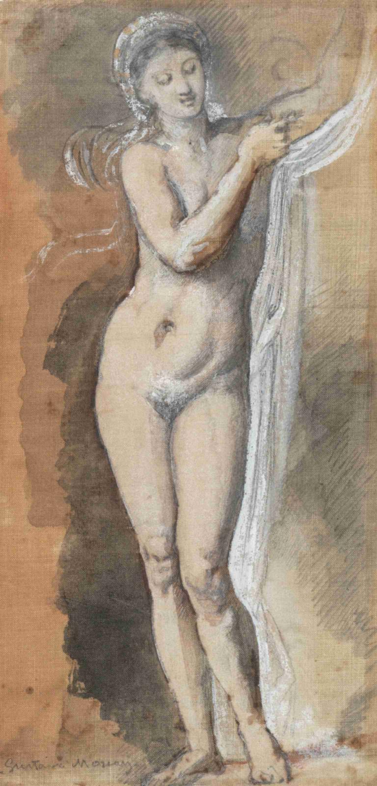 Femme nue [étude avec drap],Nøgen kvinde [studie med lagen],Gustave Moreau,Oliemaleri,Oliemaleri, 1 pige