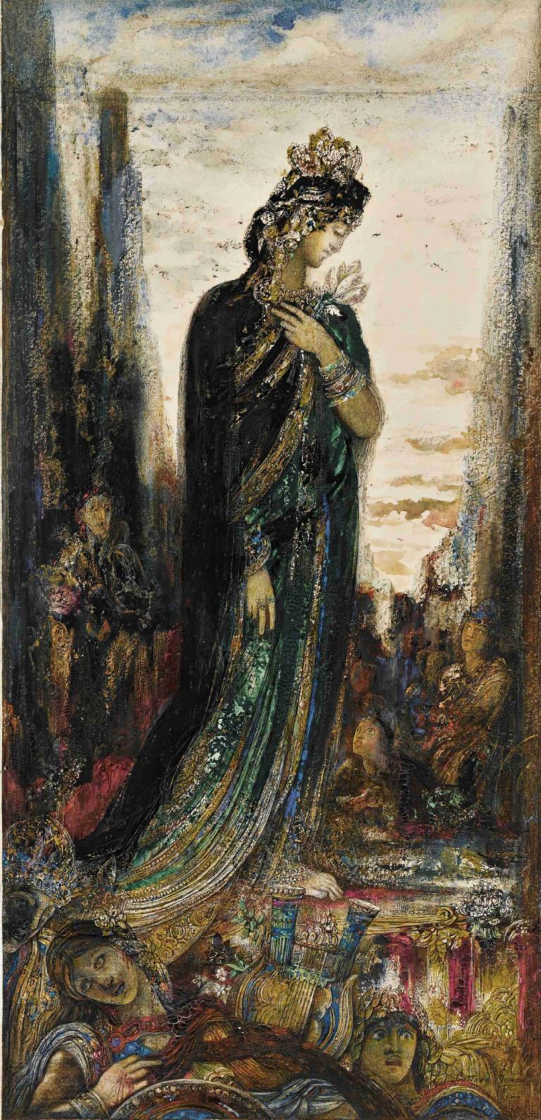 Hélène,Gustave Moreau,Oil Painting,Oil Painting, jewelry, 1girl, fine art parody, bracelet, black hair, dress