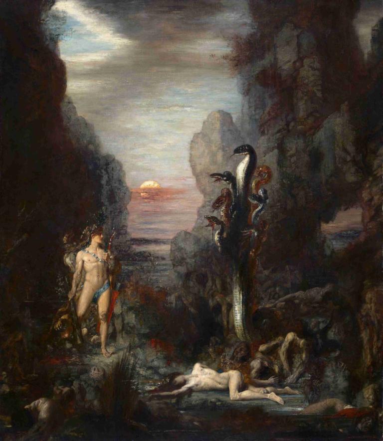 Hercules and The Lernaean Hydra,Gustave Moreau,Oil Painting,Oil Painting, fine art parody, nude