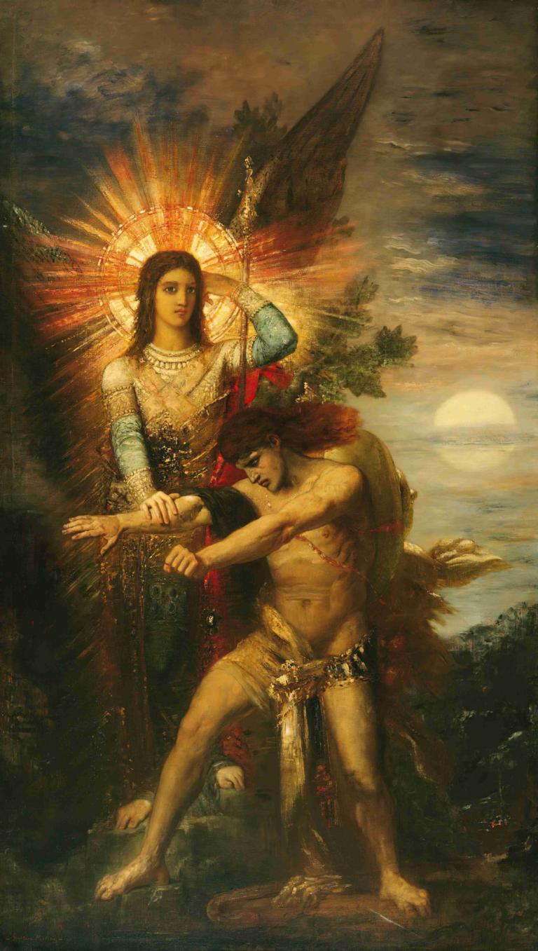 Jacob And The Angel,Gustave Moreau,Oil Painting,Oil Painting, fine art parody, barefoot, parody, 1boy