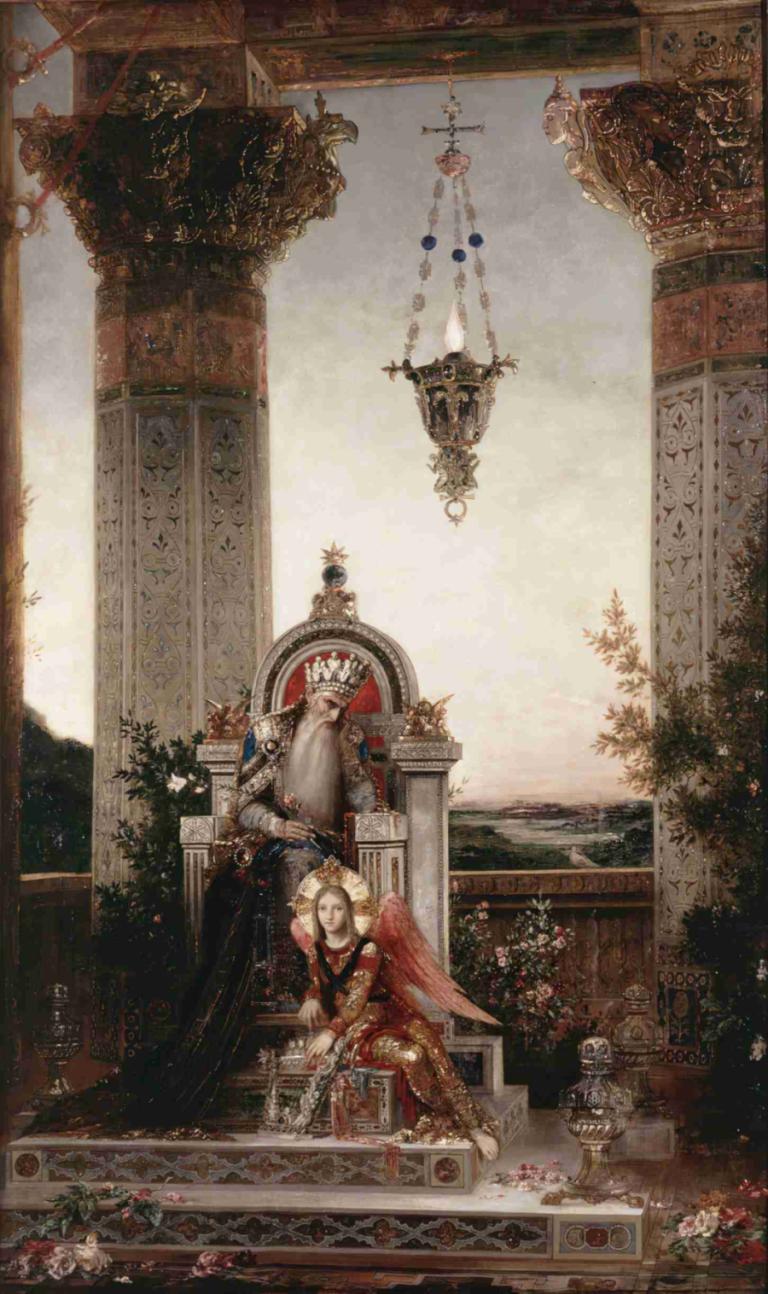 King David,Kralj David,Gustave Moreau,Oljna slika,Oljna slika, cvet, dolgi lasje, 1 dekle, sedenje, oklep