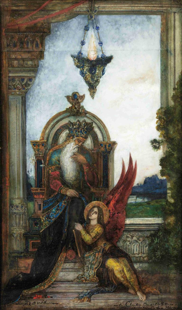 King David,Gustave Moreau,Oil Painting,Oil Painting, 1girl, 1boy, barefoot, wings, sitting