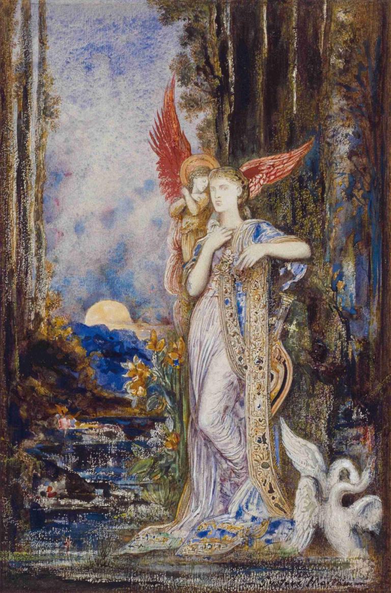 L'Inspiration,Gustave Moreau,Oil Painting,Oil Painting, fine art parody, 1girl, wings, tree, closed eyes