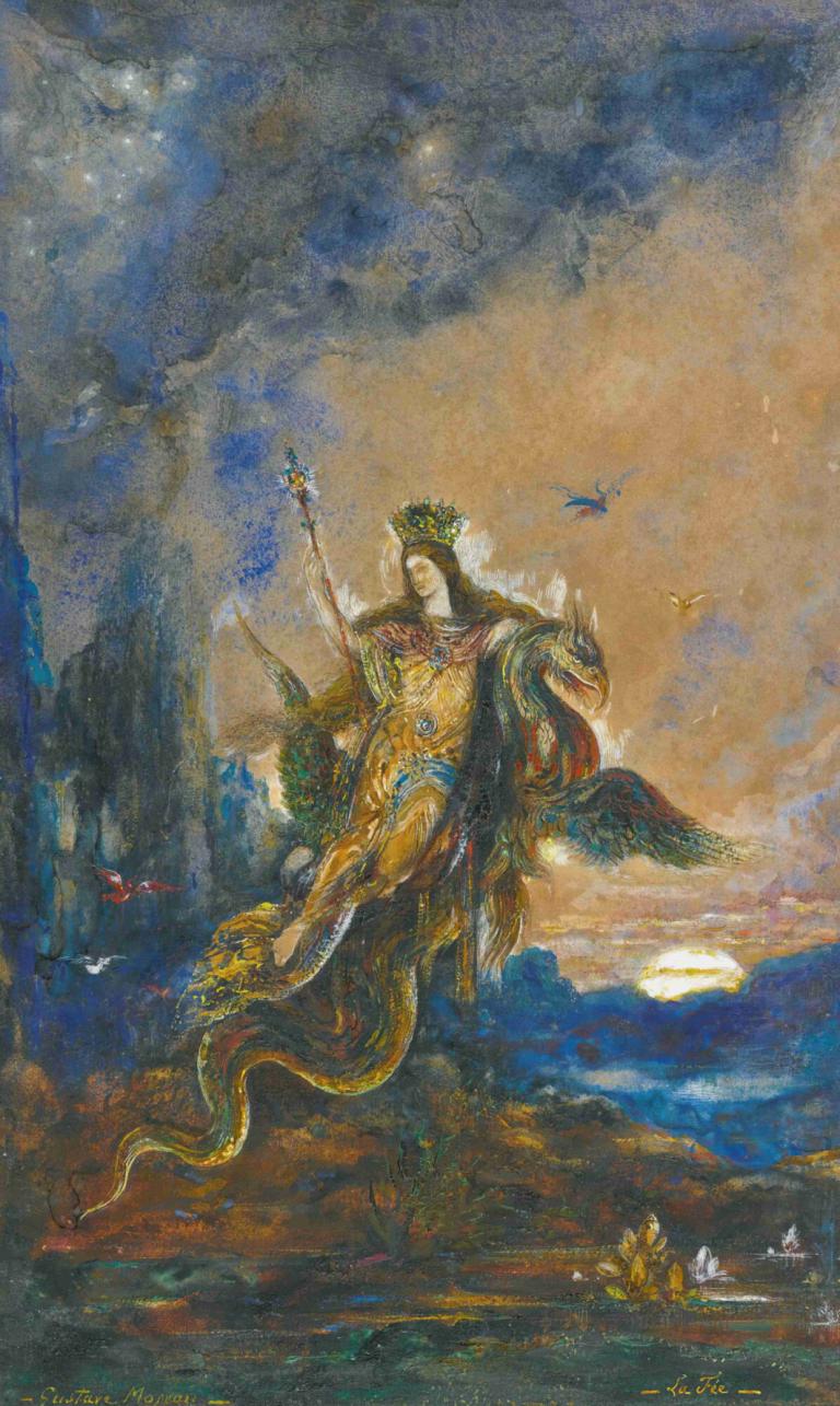 La Fée,Η νεράιδα,Gustave Moreau,Ελαιογραφία,Ελαιογραφία, σύννεφο, πουλί, παραδοσιακά μέσα, ουρανός