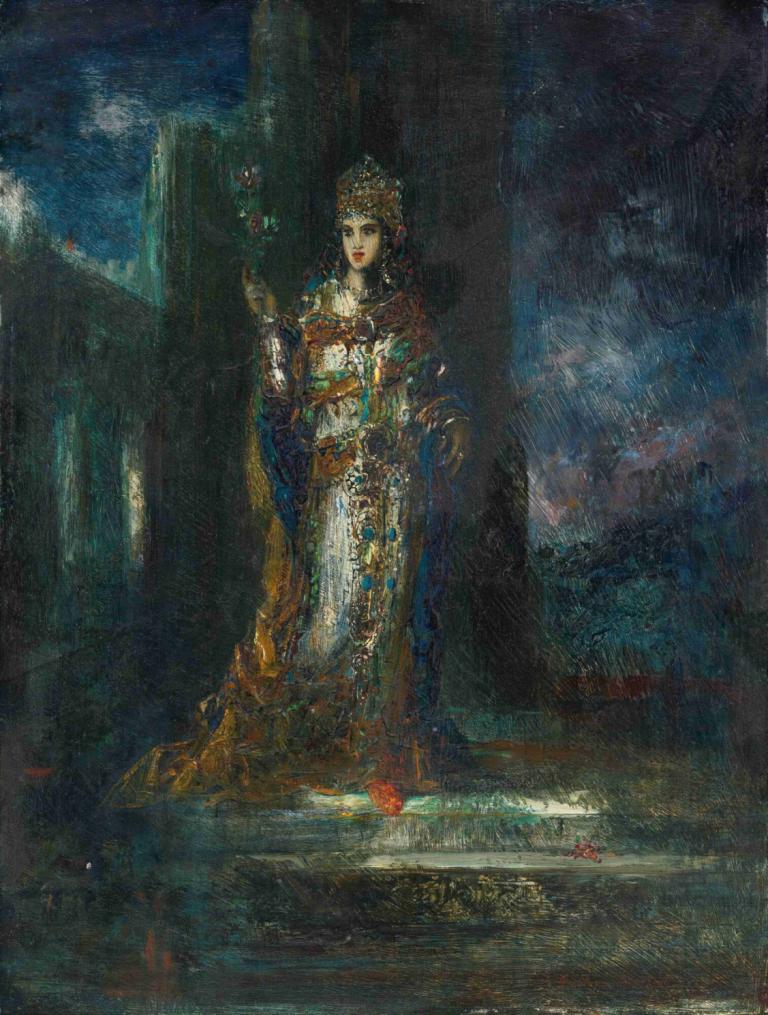 La Fiancée De La Nuit,Nattens brud,Gustave Moreau,Oljemaleri,Oljemaleri, 1 jente, solo, kjole, smykker