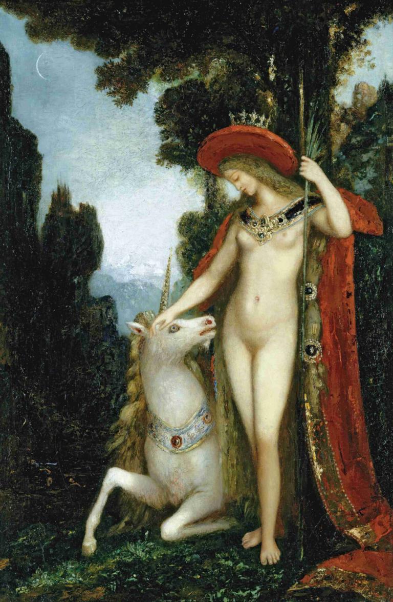 La Licorne,Gustave Moreau,Olieverf,Olieverf, 1meisje, parodie op beeldende kunst, naakt, buitenshuis, tepels