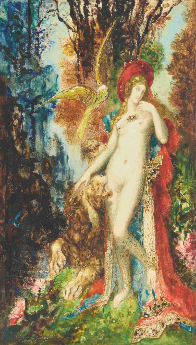 Le lion amoureux (The Lion in Love),Gustave Moreau,Oil Painting,Oil Painting, 1girl, solo, fine art parody