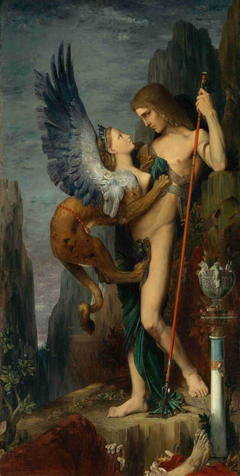 Oedipus and The Sphinx,Ödipus und die Sphinx,Gustave Moreau,Ölgemälde,Ölgemälde, Kunstparodie, Waffe, barfuß