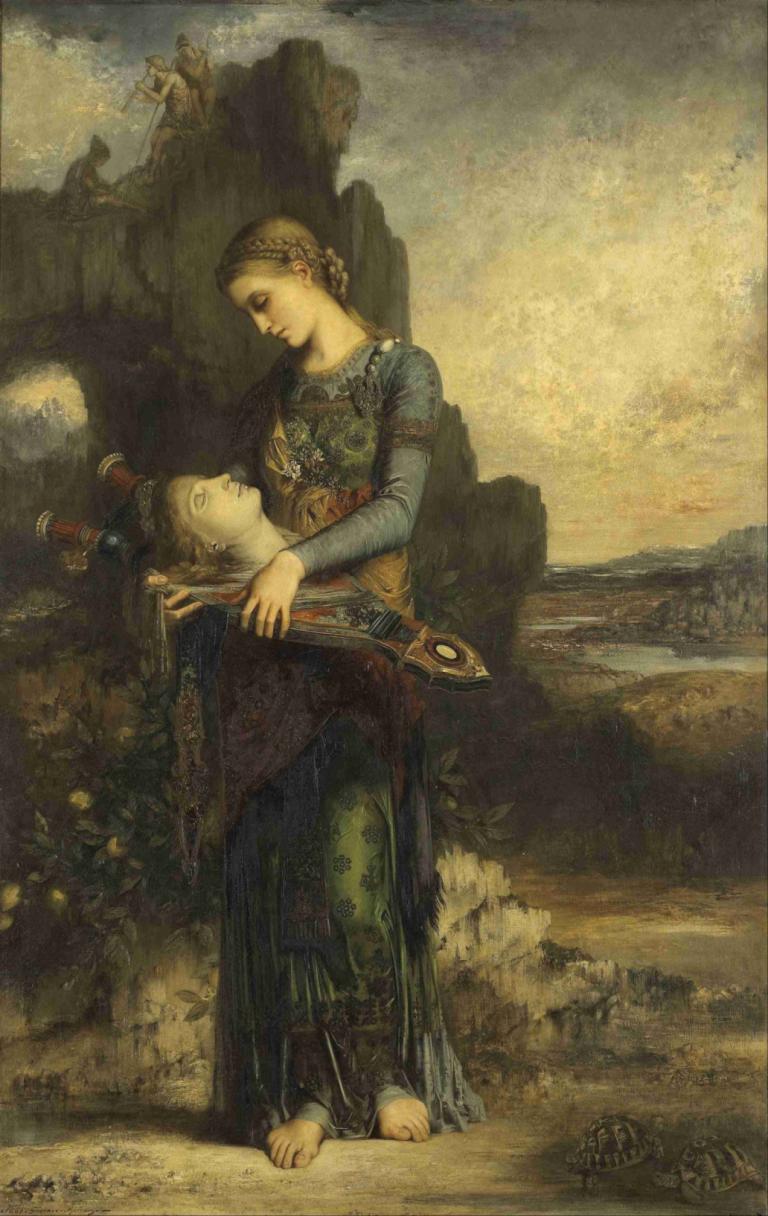 Orpheus,俄耳甫斯,Gustave Moreau,古斯塔夫·莫羅,油畫,油畫, 美術模仿, 1個女孩, 赤腳, 編織, 金髮, 戶外, 裙子, 棕色的頭髮, 常設, 看著另一個, 假傳統媒體, 長袖, 武器, 戲仿