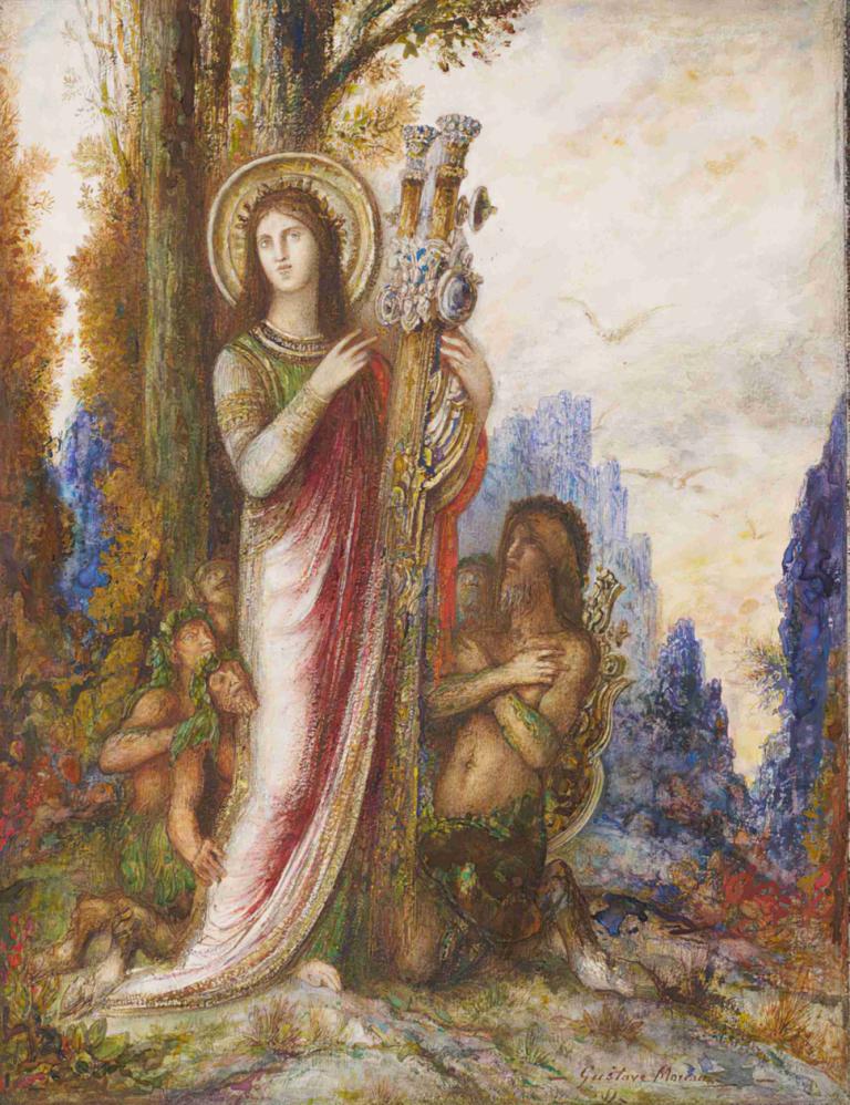 Poet And Satyrs,诗人与萨提尔,Gustave Moreau,古斯塔夫-莫罗,油画,油画, 美术模仿, 树, 1个女孩, 乐器, 假传统媒体, 棕色的头发, 长发, 赤脚, 跪着, 裙子, 绘画（中）