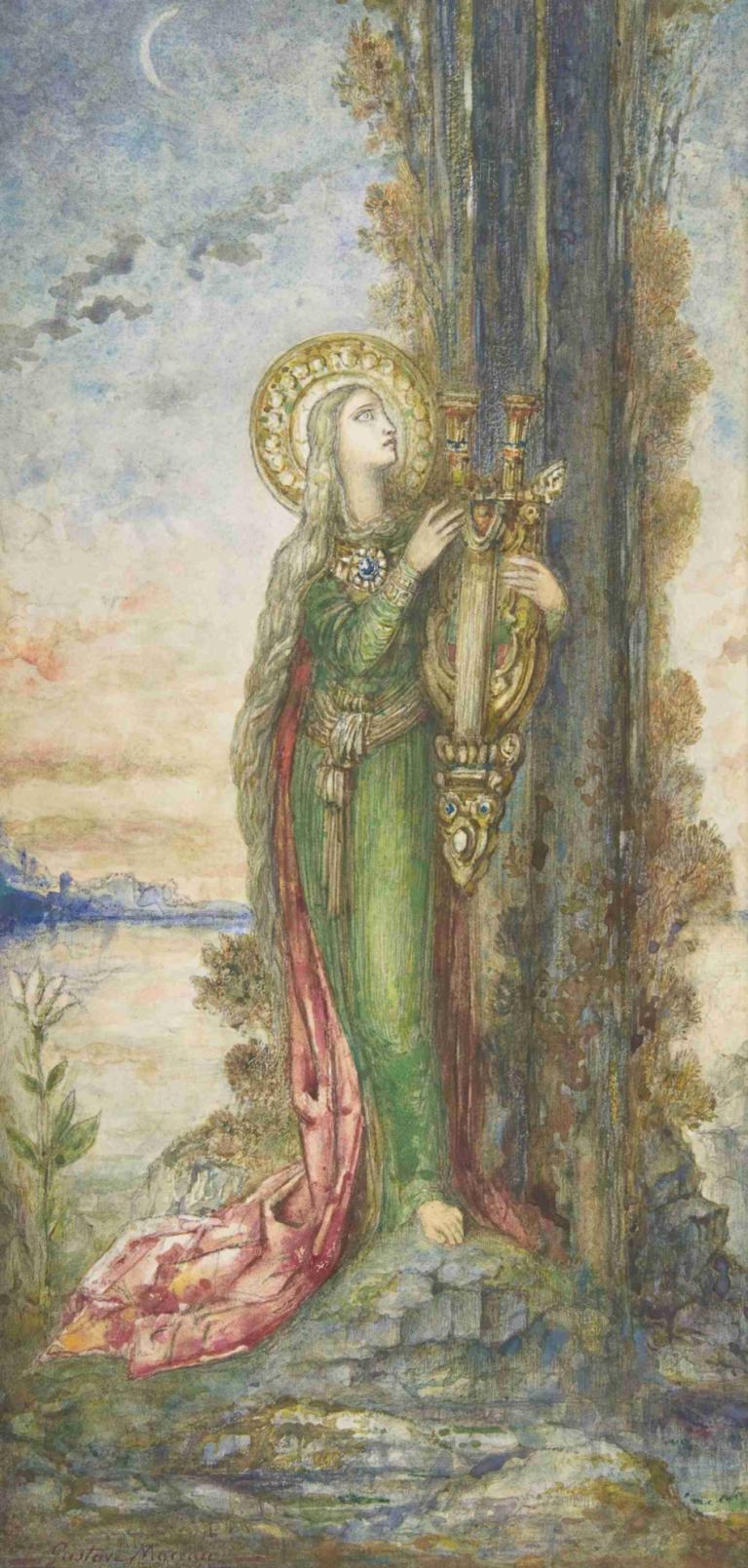 Saint Cecilia,Heilige Cäcilie,Gustave Moreau,Ölgemälde,Ölgemälde, 1Mädchen, Instrument, Solo, Mond, Baum