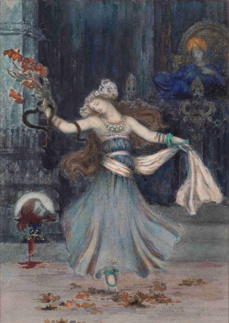 Salomé Dancing Before the Head of St. John the Baptist,薩洛梅在施洗者聖約翰的頭前跳舞,Gustave Moreau,古斯塔夫·莫羅,油畫,油畫, 裙子, 長髮