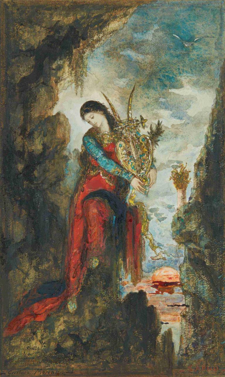 Sappho,Gustave Moreau,Olieverf,Olieverf, 1meisje, zwart haar, solo, lang haar, zitten, lucht, wolk, vogel