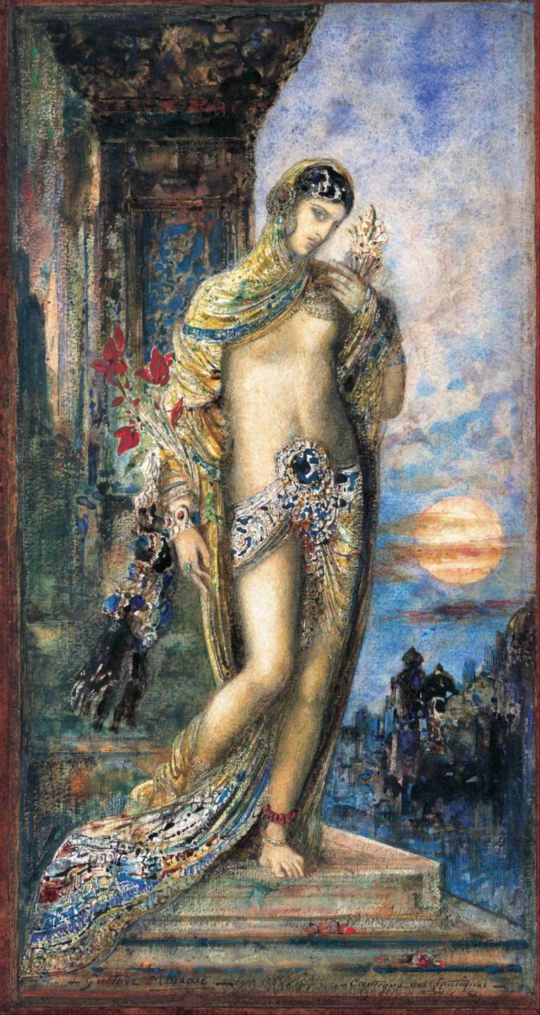 Song Of Songs,《歌之歌》,Gustave Moreau,古斯塔夫·莫羅,油畫,油畫, 1個女孩, 赤腳, 乳房, 珠寶, 獨奏, 下胸, 腳鍊, 中等乳房, 金髮, 傳統媒體, 臍